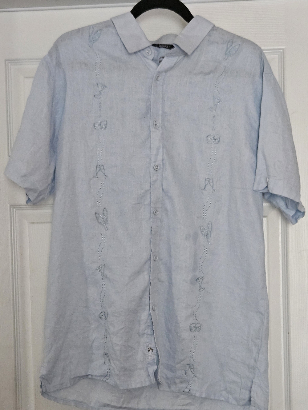 BOHIO Men's Light Blue 100% Linen Embroidered Button Down Shirt Sz LARGE NWOT